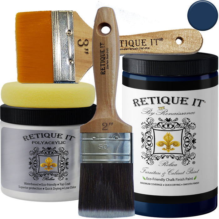 Black Indigo furniture and cabinet paint by Retique It in a quart size, shown as a swatch on a sample surface.