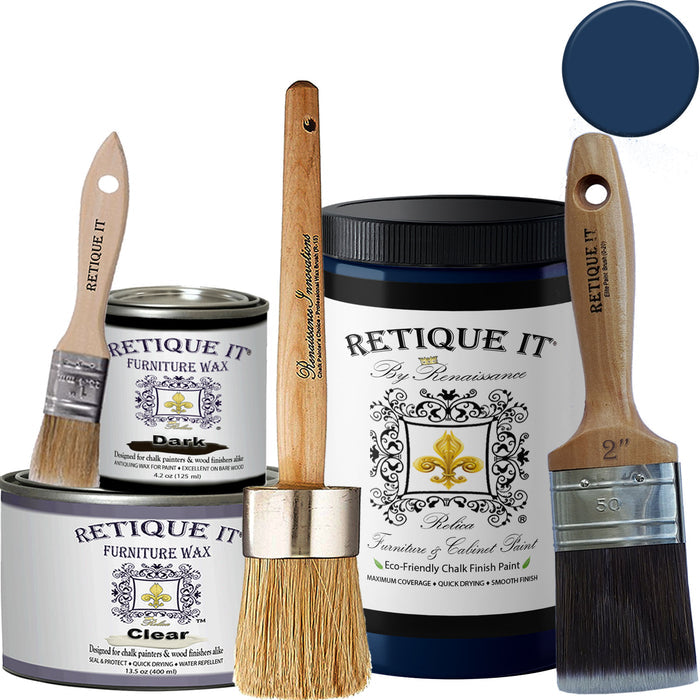Black Indigo furniture and cabinet paint by Retique It in a quart container, shown as a color swatch on a sample surface.