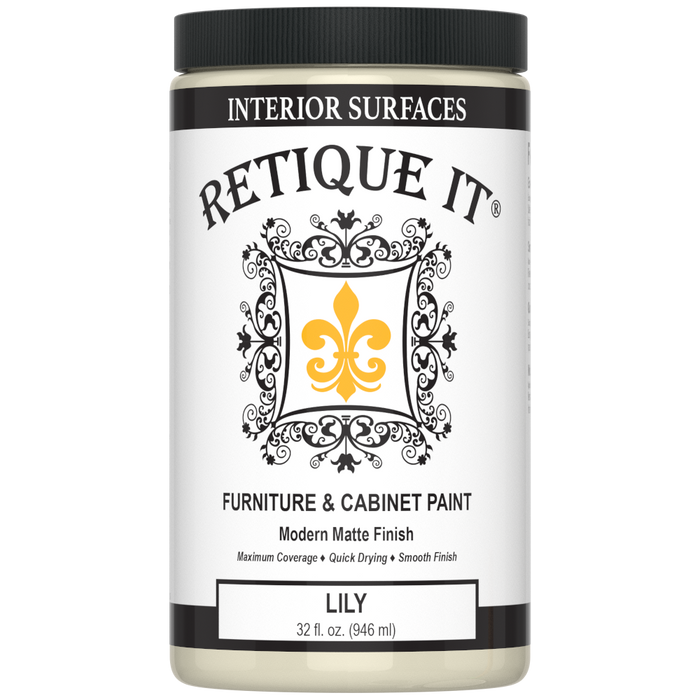 Retique It Furniture and Cabinet Paint Quart in Lily, showcasing smooth, creamy paint suitable for furniture and cabinets.