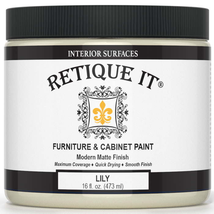 Retique It furniture and cabinet paint quart in Lily color, showing a close-up of smooth painted wood surface and finish.