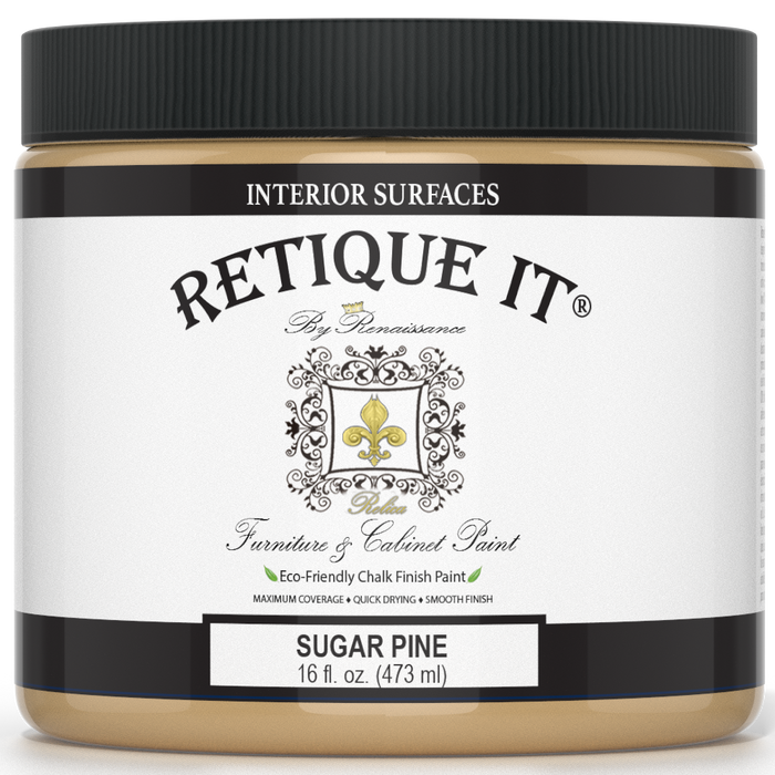 Retique It furniture and cabinet paint in a quart container, Sugar Pine color, ideal for restoring and updating wood furniture.