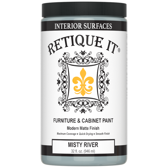 Retique It furniture and cabinet paint in Misty River, a quart-sized container showing the smooth, muted blue finish.