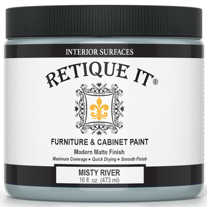 Retique It Furniture and Cabinet Paint in Misty River quart, showing a smooth, freshly painted cabinet surface.
