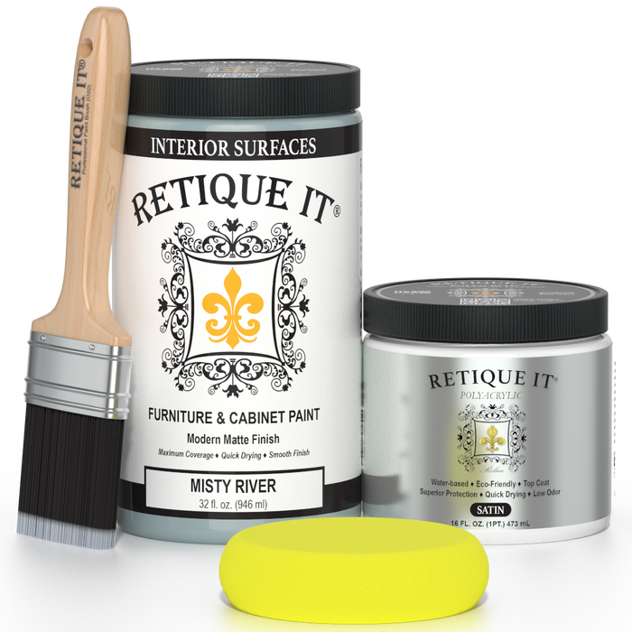 Retique It furniture and cabinet paint in Misty River quart, showing a smooth, painted furniture surface with a rich blue-gray finish.