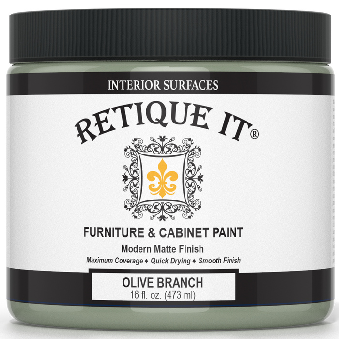 Retique It Furniture and Cabinet Paint in Olive Branch, quart size, showing a smooth, painted cabinet surface with a glossy finish.