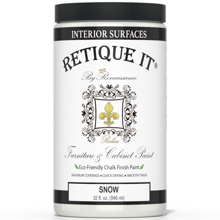 Retique It Furniture & Cabinet Paint in quart size, Snow color, showing smooth, even application on a wooden surface.