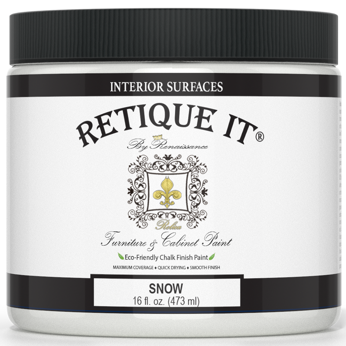 Retique It furniture and cabinet paint in quart size, Snow color, with a smooth, freshly painted cabinet surface.