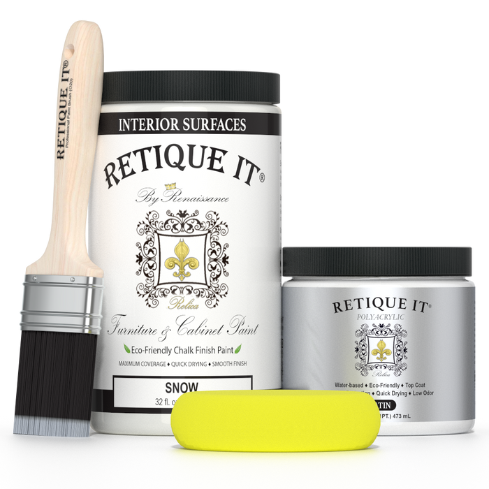 Retique It furniture and cabinet paint in quart size, Snow color, showing a smooth, freshly painted cabinet surface.