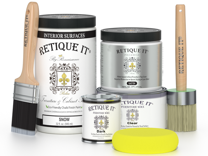 Retique It furniture and cabinet paint in quart size, Snow color, showing smooth, freshly painted wooden furniture surface.