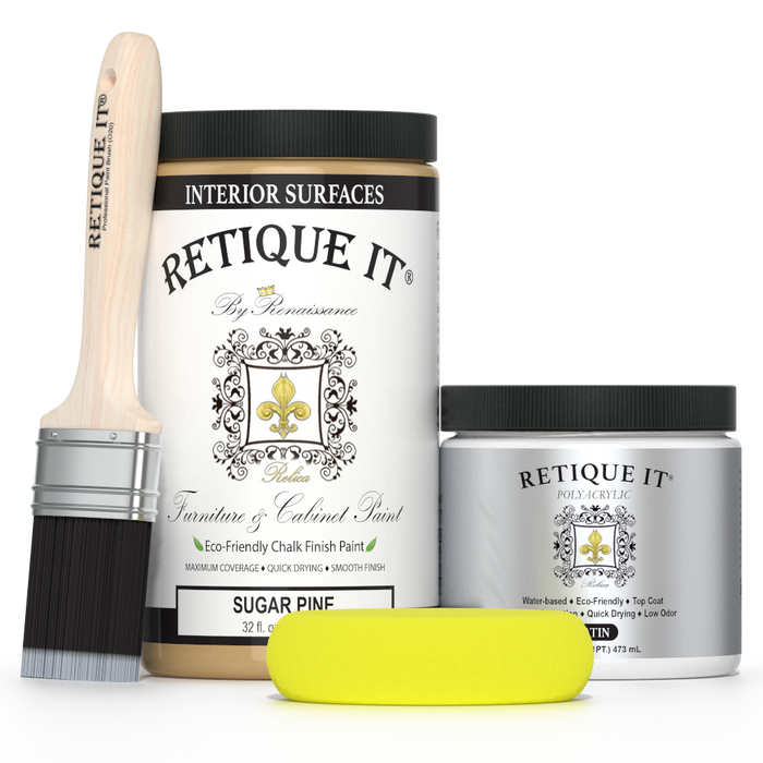 Retique It furniture and cabinet paint in Sugar Pine quart, showing smooth, even application on wood surface.