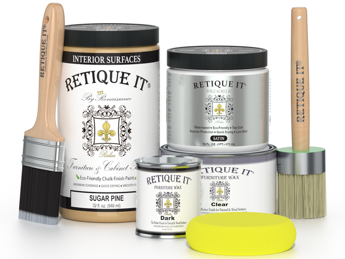 Retique It furniture and cabinet paint in quart of Sugar Pine color, showing a smooth application on wood surface.