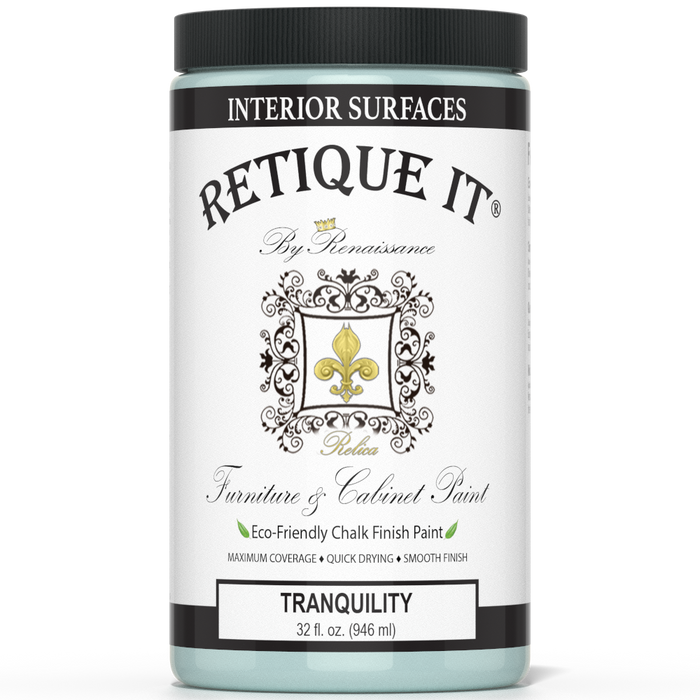 Retique It Tranquility furniture and cabinet paint in a quart container, showcasing a smooth, finished surface ready for furniture use.