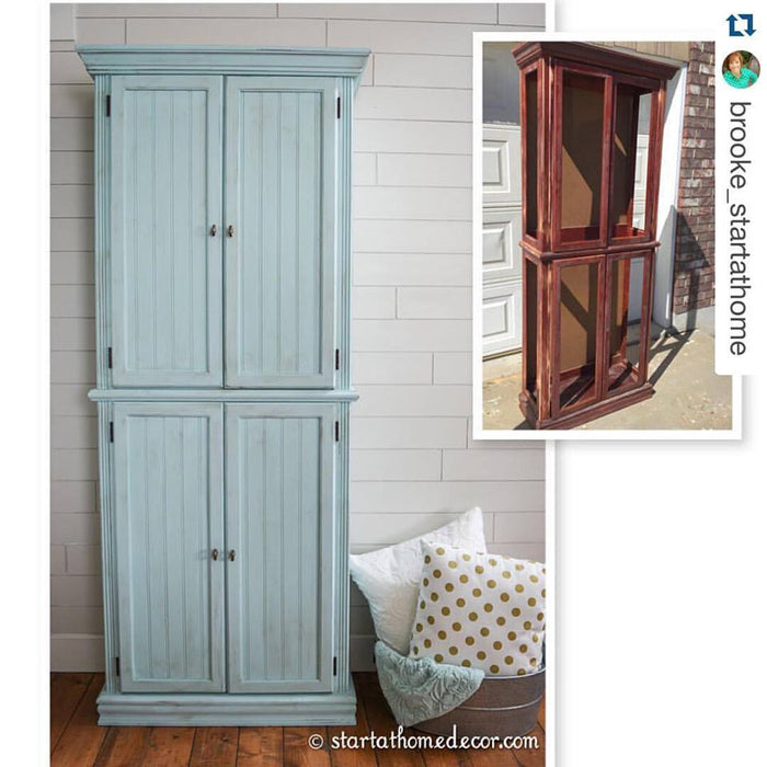 Retique It furniture and cabinet paint in Tranquility quart, showing smooth, eco-friendly paint application on wooden furniture.