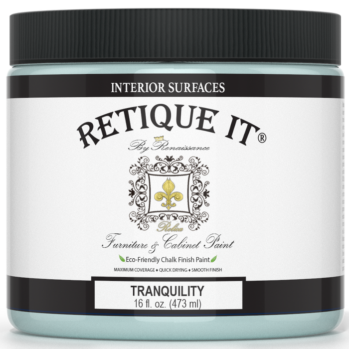 Retique It Furniture & Cabinet Paint in Tranquility quart, showing the smooth, light blue finish on a cabinet surface.