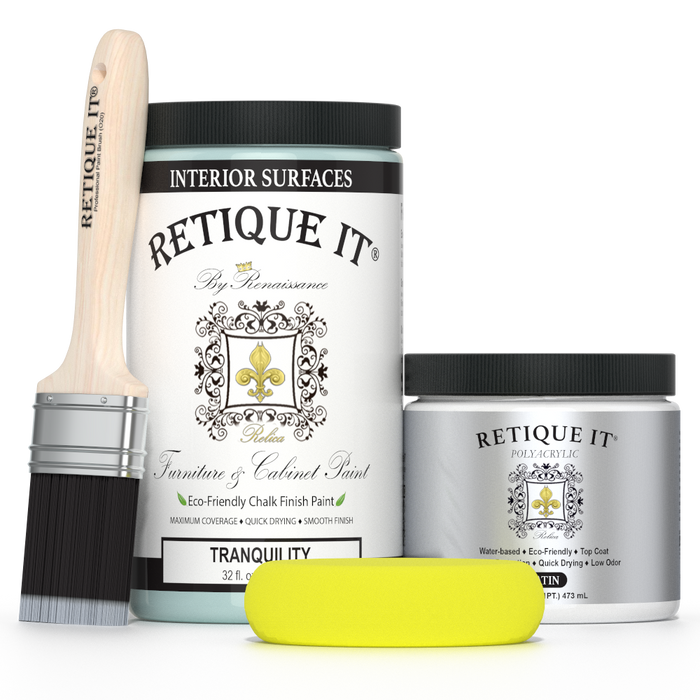 Retique It Furniture and Cabinet Paint in Tranquility, quart size, showing a smooth application on wooden furniture surface.