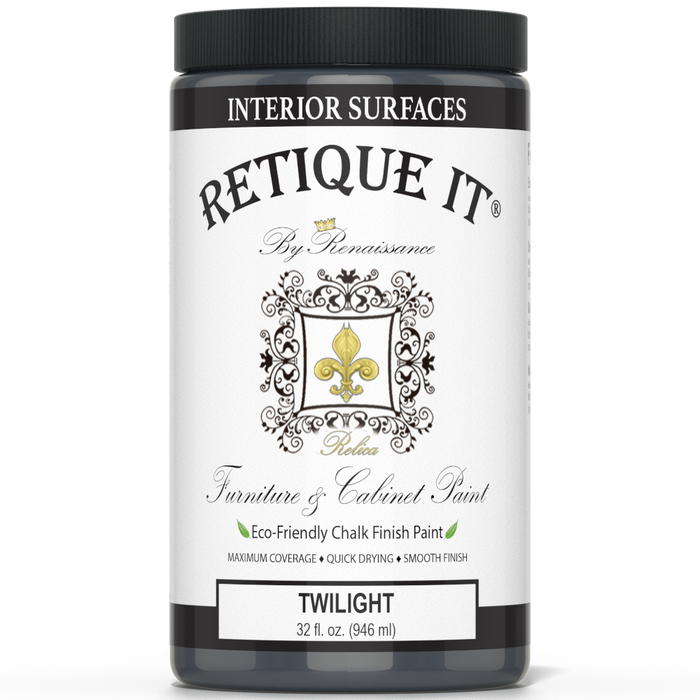 Retique It furniture and cabinet paint in Twilight quart, showcasing smooth, even coverage on a wooden surface.