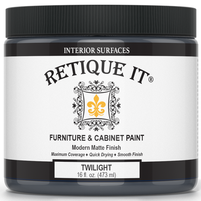 Retique It furniture and cabinet paint in Twilight quart, showing a smooth, even coat of deep, elegant purple paint on a cabinet surface.