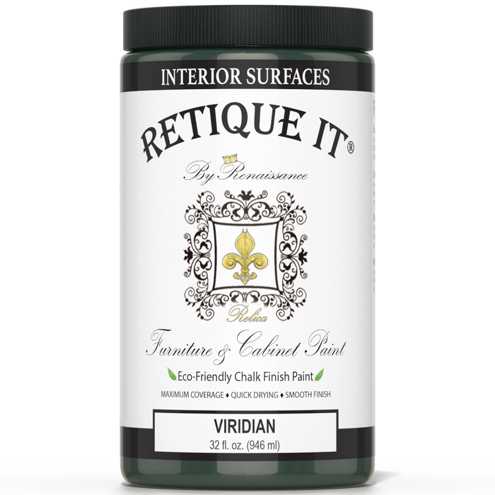 Retique It Viridian furniture and cabinet paint in a quart container, ready for interior furniture refinishing and cabinet projects.