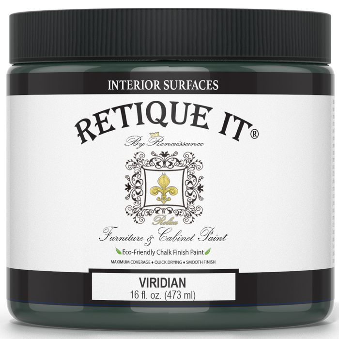 Retique It furniture and cabinet paint in quart size, Viridian color, shown in a close-up of the vibrant green paint.