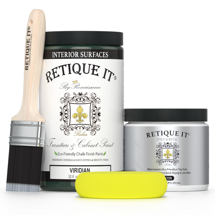 Retique It furniture and cabinet paint in quart container, vivid viridian color, suitable for furniture and cabinetry painting.