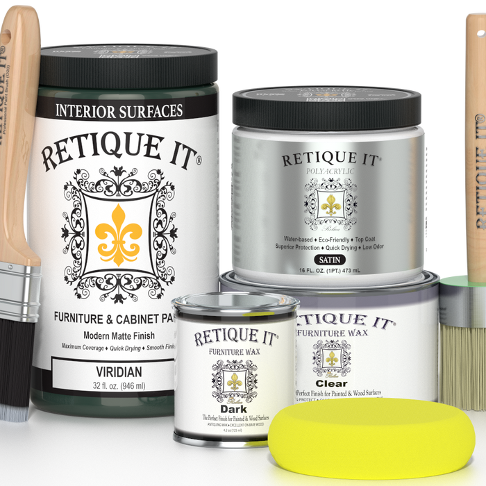 Retique It Viridian furniture and cabinet paint in a quart container, ready for painting wooden furniture and cabinets.