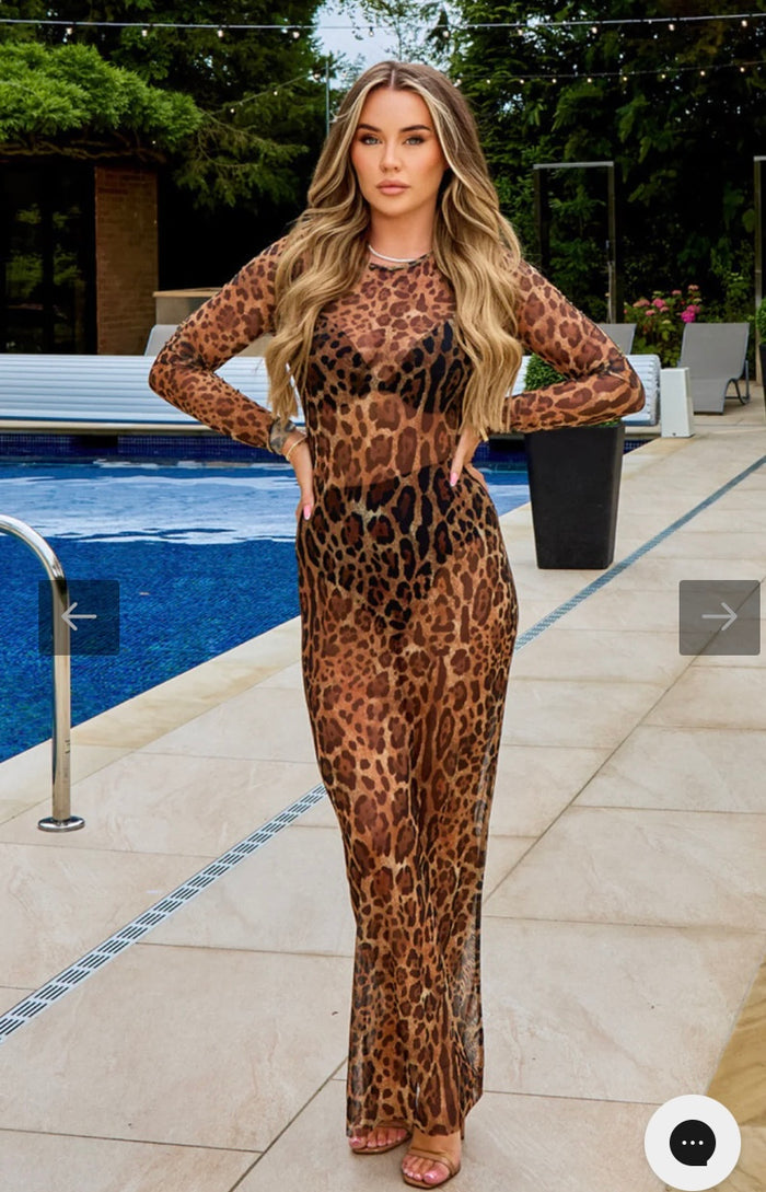Gabriella Leopard Maxi Dress – Elegant Mesh Design for a Bold Statement