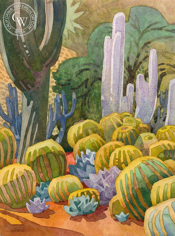 Gary's Cactus Collection, 2013, watercolor painting by Carolyn Lord (American art). Fine art giclée print reproduction by California Watercolor for wall decor.