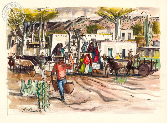 Gathering at the Well, Sonora, Mexico, 1951, watercolor painting by Phil Paradise (American art). Fine art giclée print reproduction by California Watercolor for wall decor.