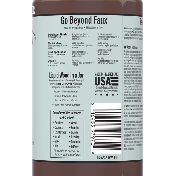 Retique It Java gel stain applied to wood surface, showcasing deep brown color and smooth finish for furniture or cabinetry.