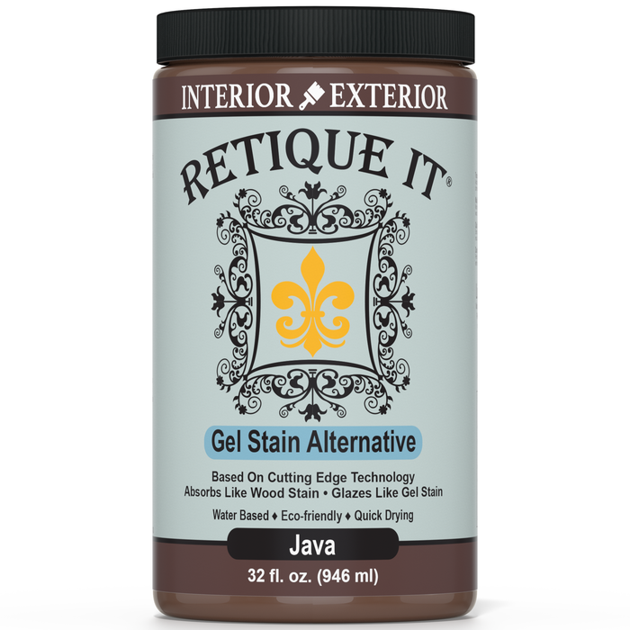Retique It Gel Stain in Java applied to wood surface, showcasing rich, dark wood finish and smooth stain texture.