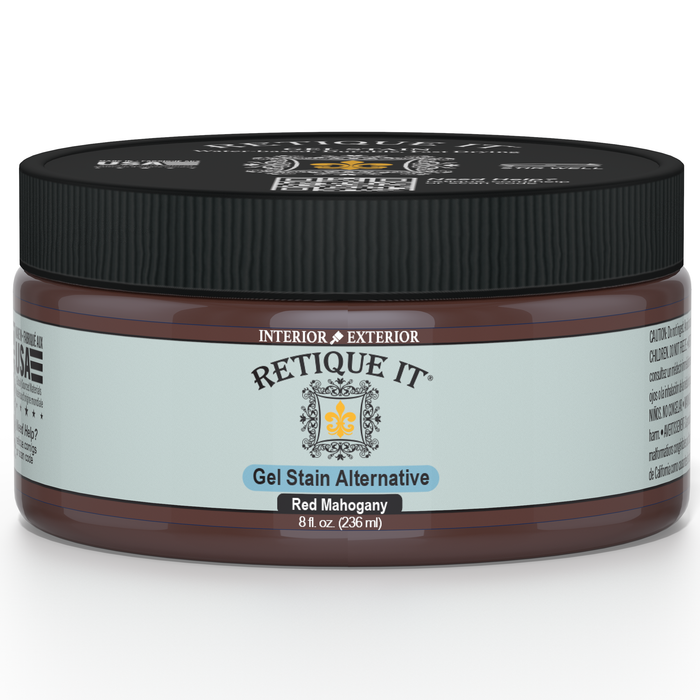 Retique It Gel Stain in Red Mahogany applied to wood surface, showcasing rich, deep red-brown color and smooth finish.