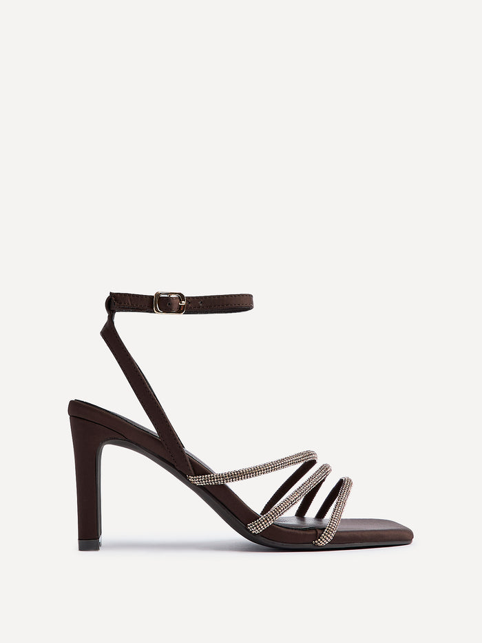 Glimmer Brown Satin Diamante Block Heels