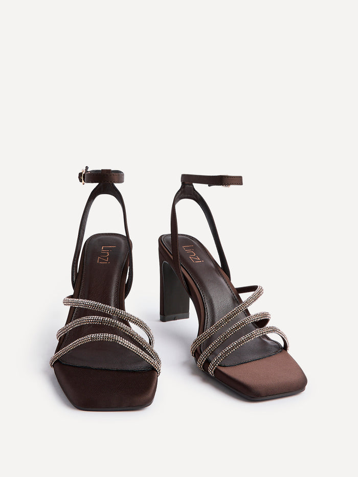 Glimmer Brown Satin Diamante Block Heels