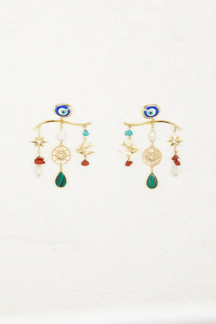 Gold plated Balearic Charm Earrings with iconic sun, bird, and blue eye motifs accented by semi-precious stones.