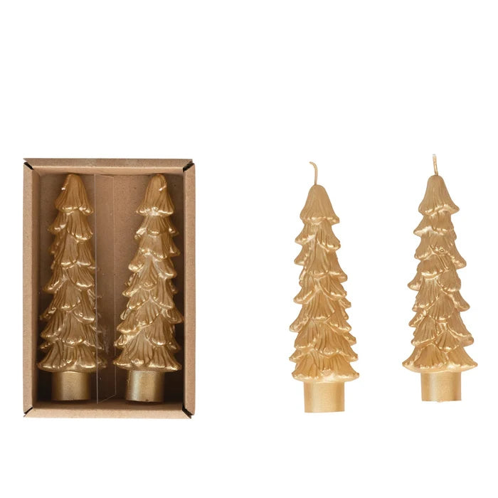 Set of 2 short gold tree shaped taper candles.