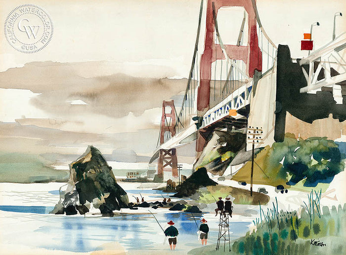 Golden Gate Bridge, watercolor painting by Dong Kingman (American art). Fine art giclée print reproduction by California Watercolor for wall decor.