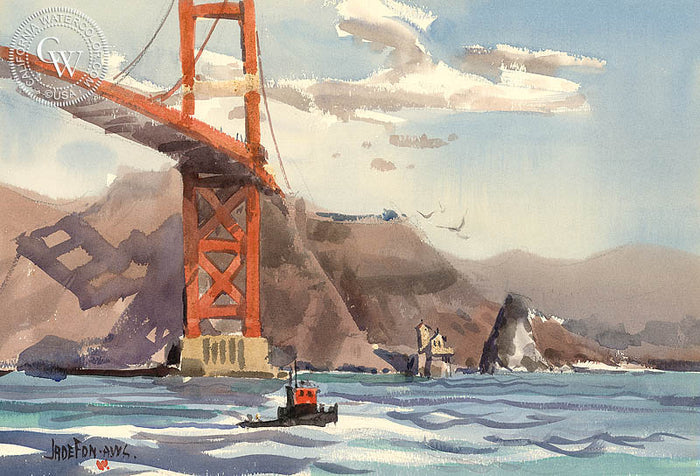 Golden Gate Bridge, watercolor painting by Jade Fon (American art). Original painting and fine art giclée reproduction by California Watercolor for wall decor.