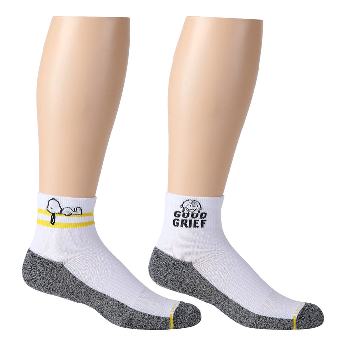 White and black marled quarter compression socks for men featuring a Good Grief Charlie Brown design.