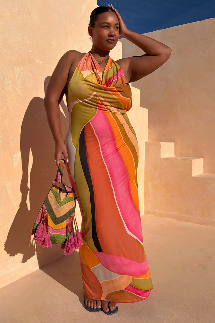 Green Abstract Sabine Dress in a vibrant multicoloured print with a cowl neckline and halter-style strap.