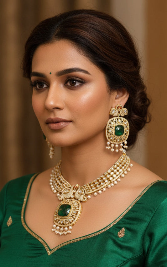 MOHAR green and white cubic zirconia bridal necklace and maang tikka set