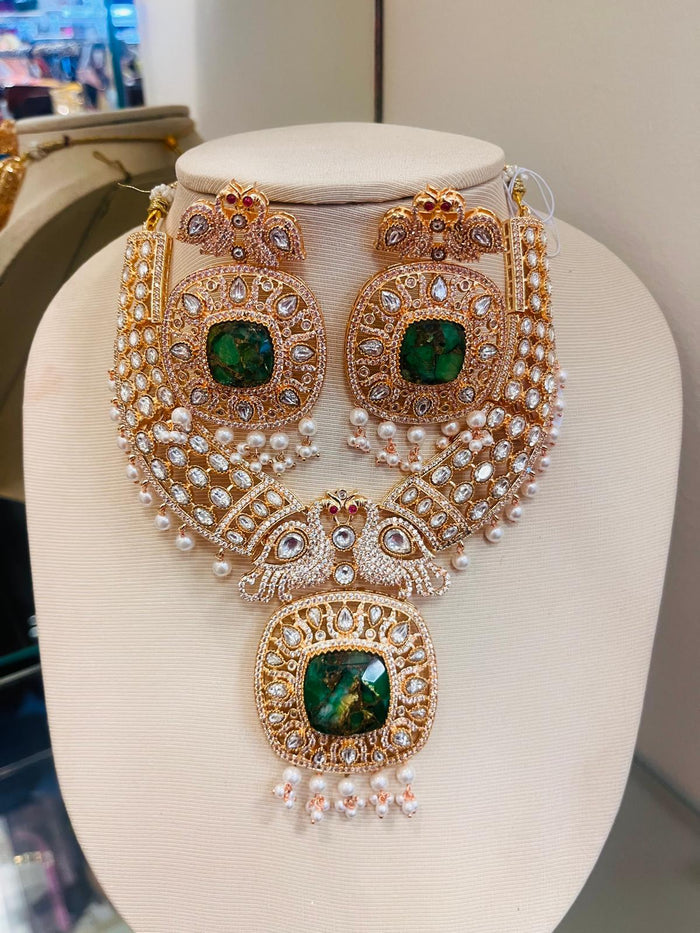 MOHAR green and white cubic zirconia bridal necklace and maang tikka set