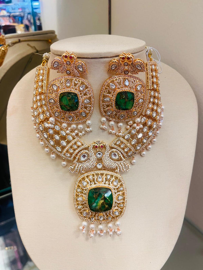 MOHAR green and white cubic zirconia bridal necklace and maang tikka set