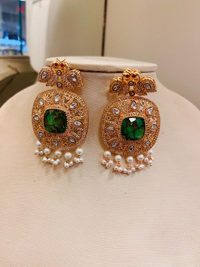 MOHAR green and white cubic zirconia bridal necklace and maang tikka set