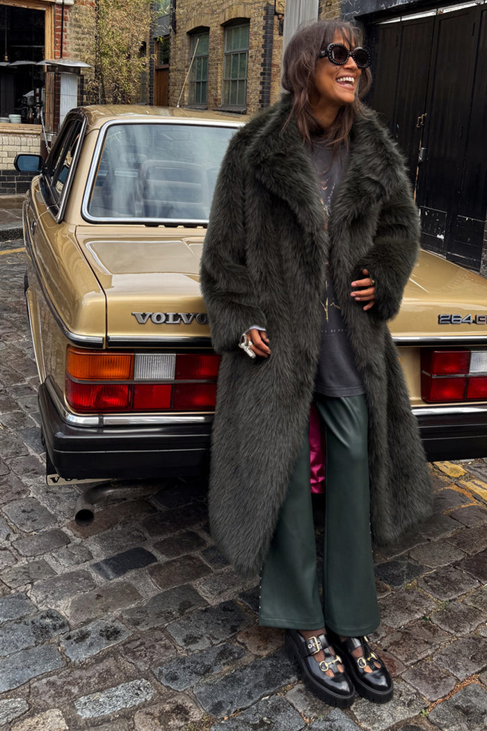 Green Faux Fur Coat with a relaxed fit, styled for a street style London look by a vintage car.
