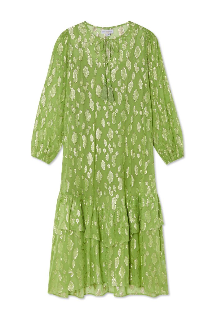 Green Jacquard Harmony Dress with gold animal print, tasseled neckline and tiered skirt for feel good dressing.