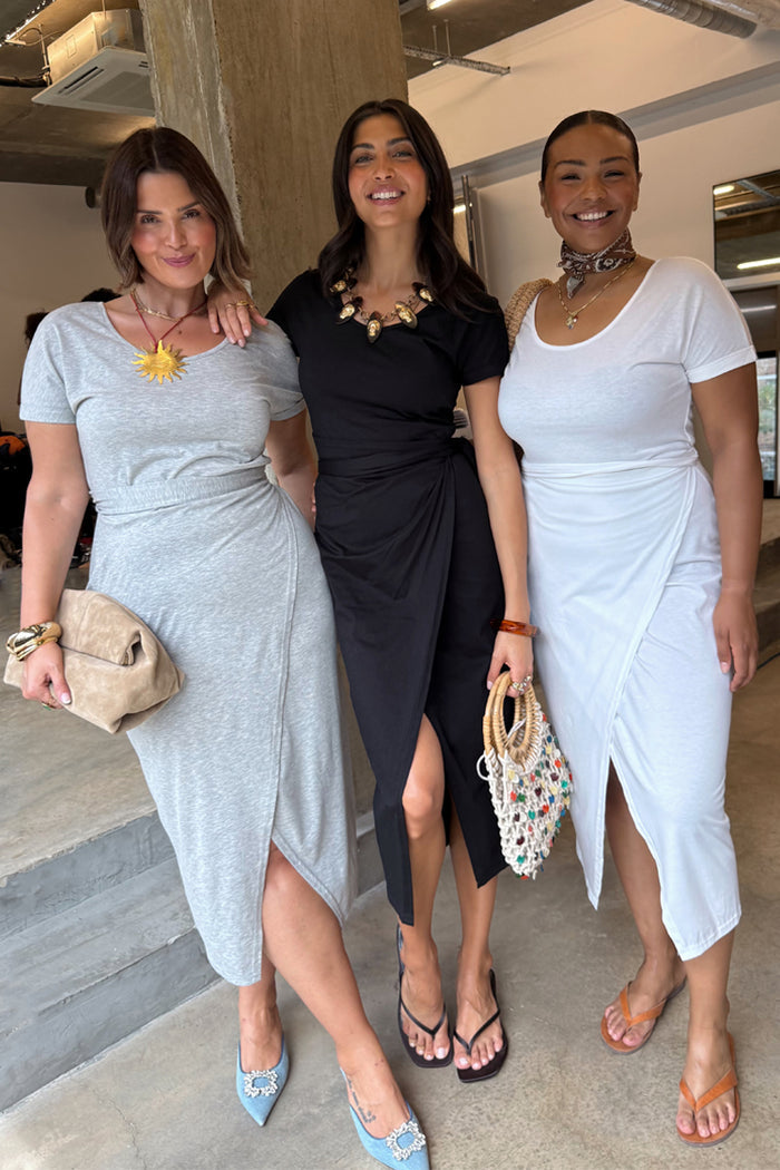 Grey Jesse Jersey Wrap Dress with a tee-style top and tie waist, featured on models to highlight inclusive sizing.