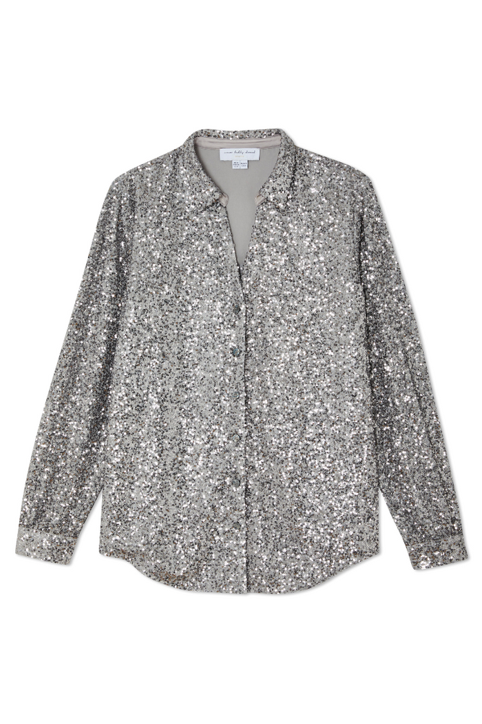Gunmetal Sequin Miley Shirt with silver sequins, blouson sleeves and button-up fastening, shown flat.
