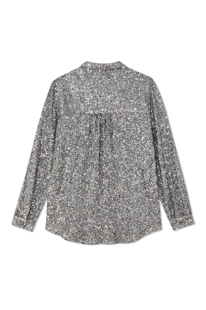 Gunmetal Sequin Miley Shirt in shimmering silver, showing the back of the relaxed-fit, long-sleeved silhouette.
