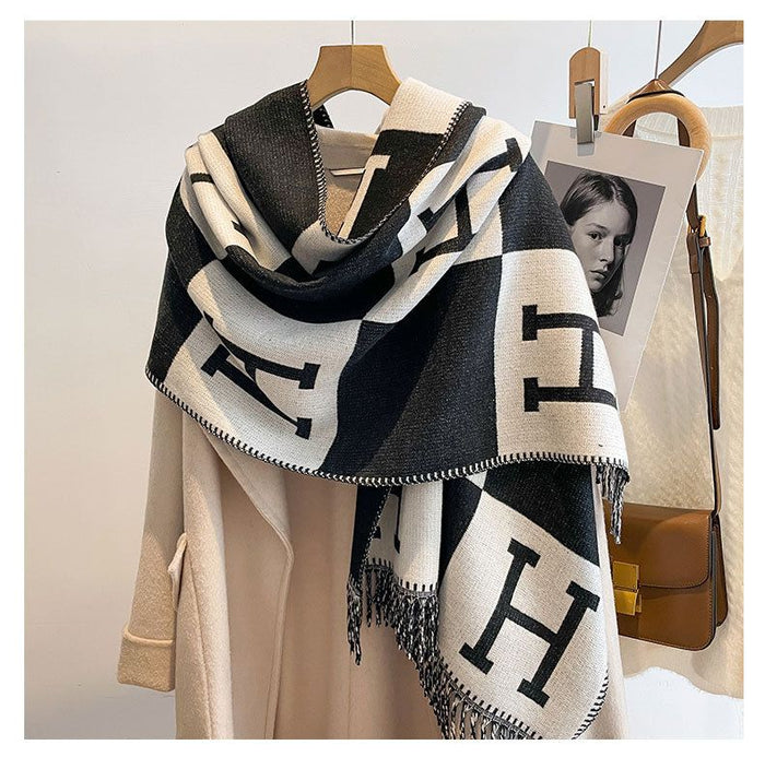 H Designer Style Printed Pashmina Scarf Black