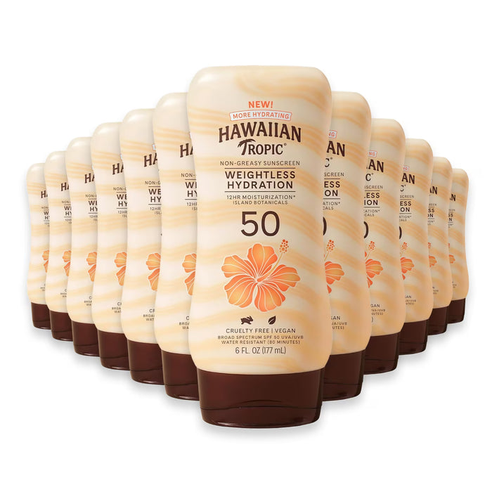 Hawaiian Tropic – Weightless Hydration Sunscreen SPF 50, Tropical Scent, 6 oz – 12 Pack